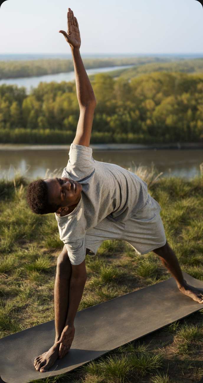 Person practising yoga on a mat outdoors